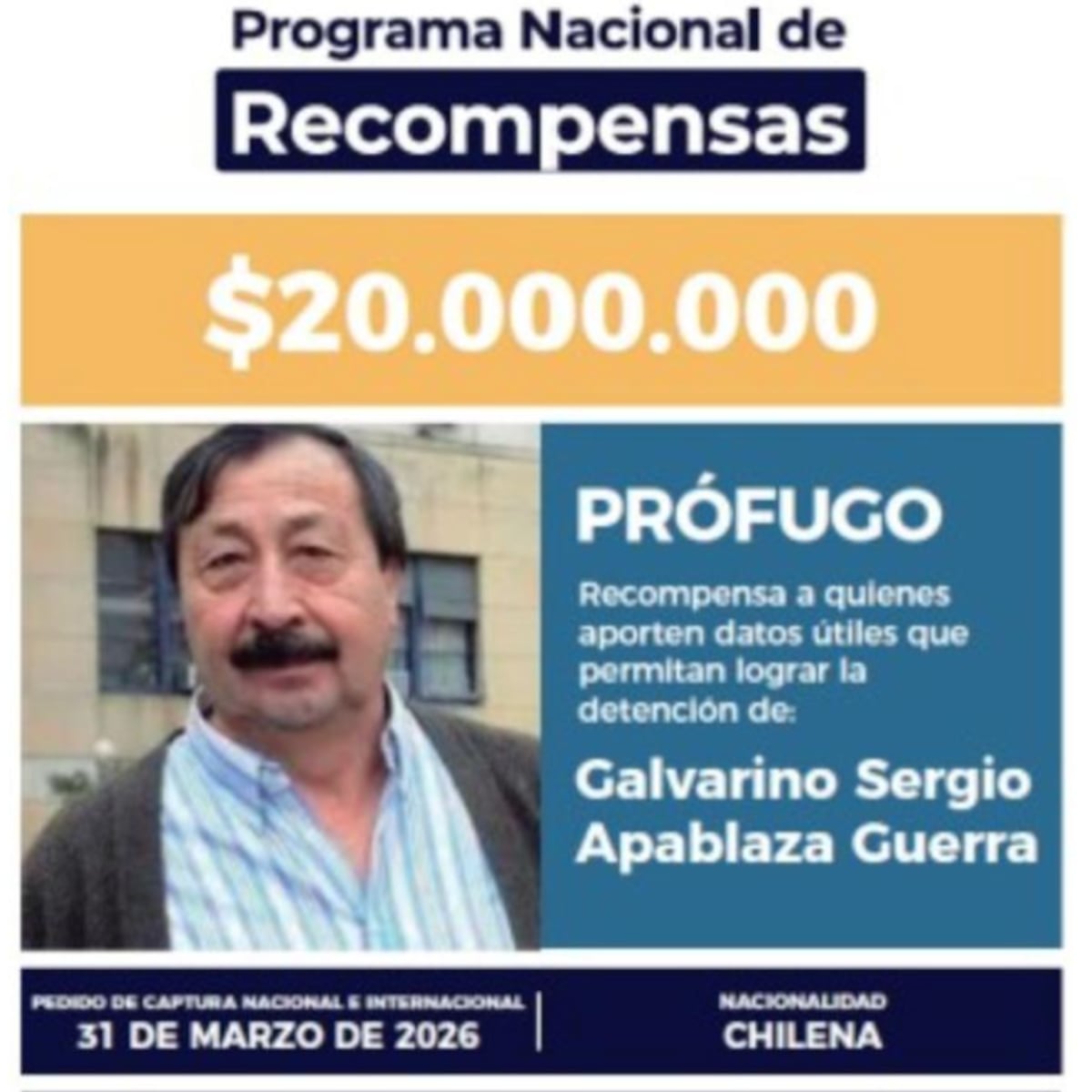 Argentina declara prófugo a Galvarino Apablaza y ofrece recompensa de $13 millones Argentina declara prófugo a Galvarino Apablaza y ofrece recompensa de $13 millones