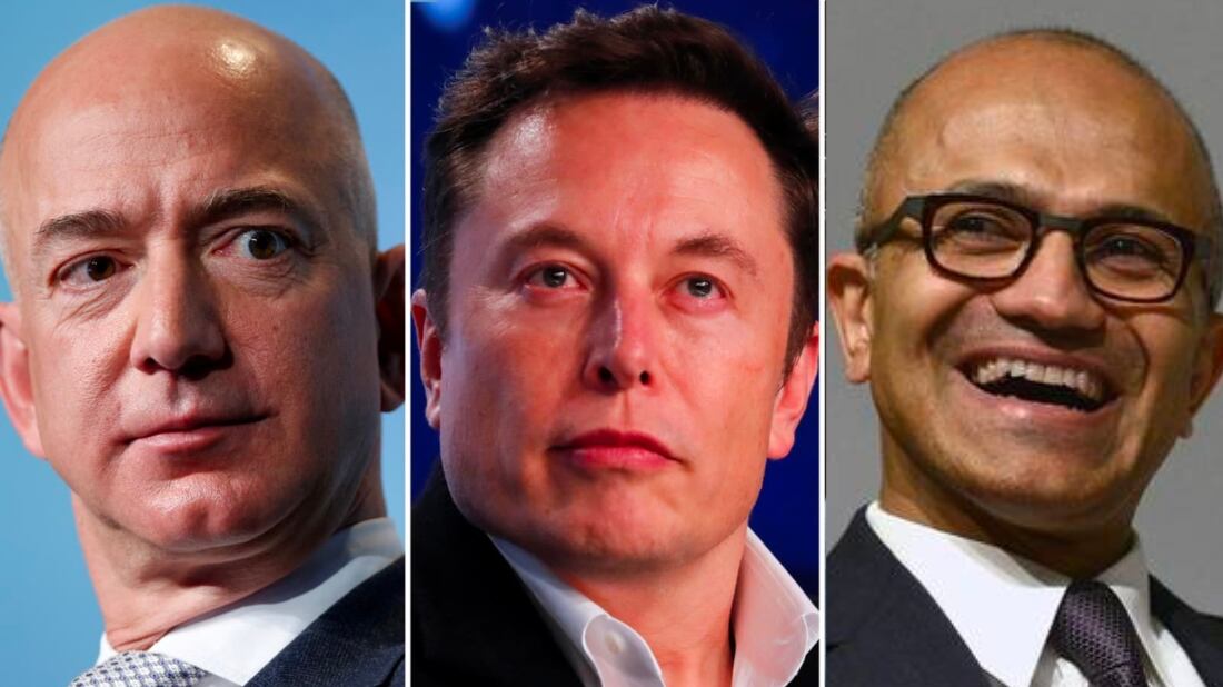 Jeff Bezos, Elon Musk y Satya Nadella | Composición