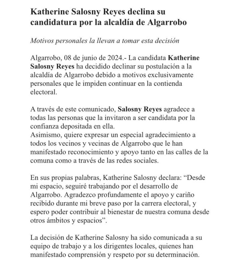 La mediática figura televisiva adujo "motivos personales" para bajar su candidatura a la alcaldía de Algarrobo.