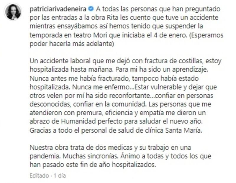 La actriz dio cuenta de la seriedad de su accidente en su plataforma social.