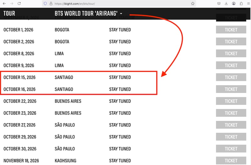 Cualquier novedad sobre tickets será anunciada solo por canales oficiales de BTS y HYBE.