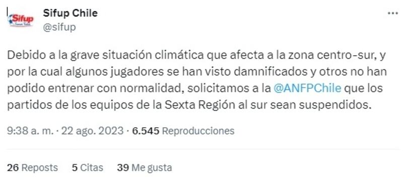 El gremio de futbolistas profesionales hizo su llamado a la ANFP para suspender los partidos de los torneos chilenos desde la Sexta Región al resto del sur del país.