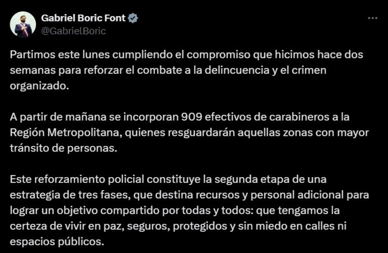 El Presidente Boric anunció esta lunes detalles de la segunda fase del Plan Calles Sin Violencia, con la incorporación de más de 900 efectivos de Carabineros.