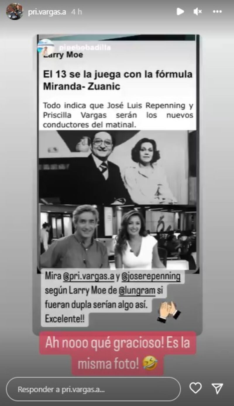 Priscilla Vargas quedó sorprendida con la comparación que hicieron de ella y José Luis Repenning con Javier Miranda y Gina Zuanic.