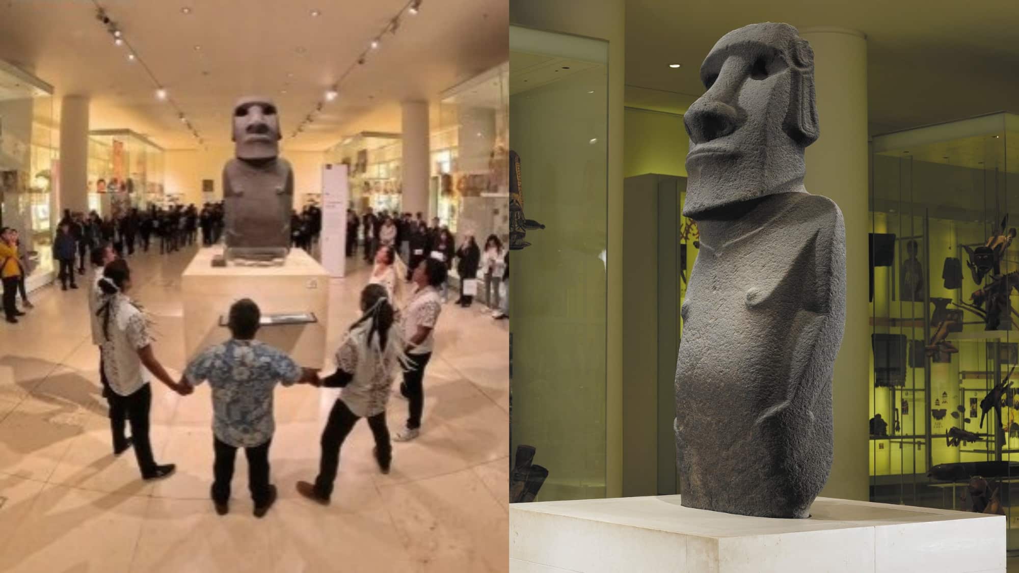 "Lejos de su tierra..": Agrupación de Rapa Nui realizó simbólico acto frente al Moai que lleva 155 años en el Museo Británico