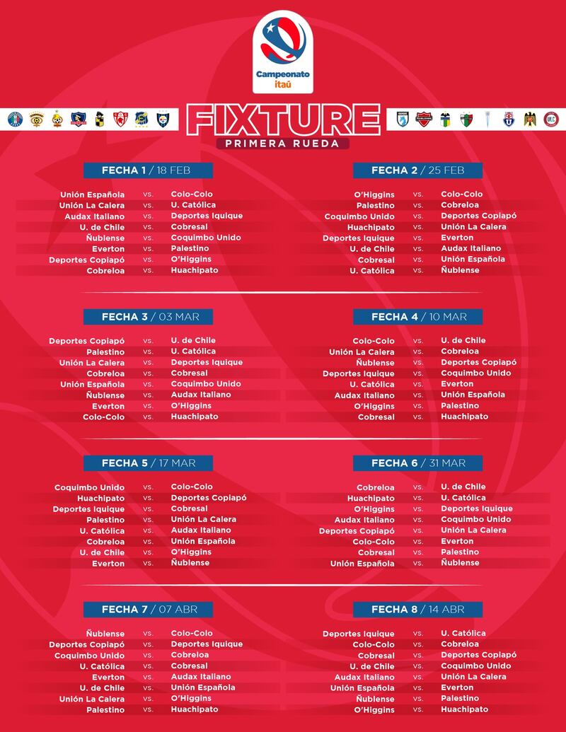 La ANFP entregó el calendario de partidos del próximo Campeonato Nacional de Primera División.
