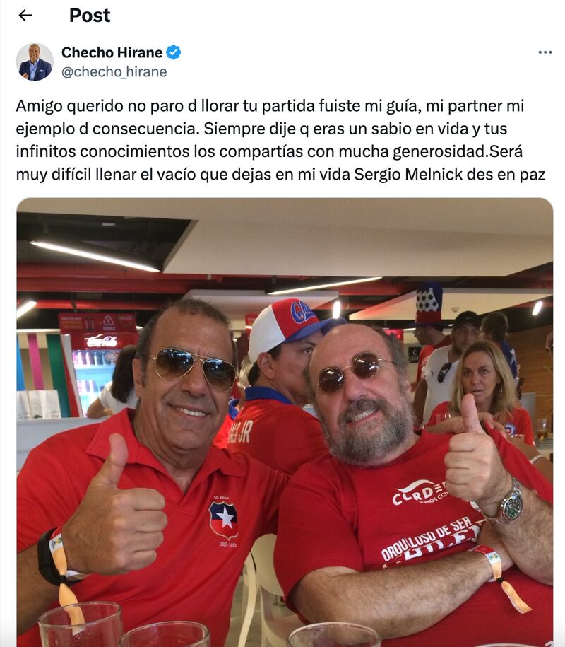 Tweet de Checho Hirane sobre Sergio Melnick | Captura: X (Twitter)