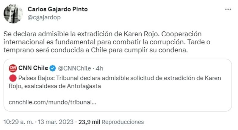 El exfiscal valoró que la justicia de Países Bajos haya declarado admisible la extradición de la exedil de Antofagasta al país para cumplir su condena de cinco años y un día por el delito de fraude fiscal.