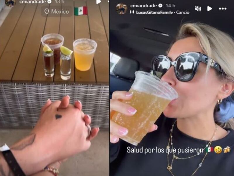 Con shots de tequila, cervezas micheladas, el mar a sus pies y las manos juntas con sus respectivas pulseras all inclusive en sus muñecas. Así fueron las postales que Camila Andrade compartió en su cuenta de Instagram, respecto a su paradisiaco viaje a México junto a su pareja Francisco Kaminski. 
Si días atrás compartió un video bailando la canción “Soltera” de Shakira, que se prestó para todo tipo de interpretaciones, ahora quedó más que claro están más juntos que nunca y el amor sigue en pie. 
La exparticipante de Gran Hermano compartió varias historias en su red social, primero preguntando a sus seguidoras hacía donde creían que estaba emprendiendo vuelo, colocando varias alternativas de destino, entre ellas México. 
Así, fue informando de su aventura, revelando que llegó a destino lo que ameritó a que hiciera salud con un vaso de michelada arriba del vehículo que los fue a buscar al aeropuerto y los llevó rumbo al hotel. 
“Salud por los que pusieron México”, escribió mientras bebía del burbujeante brebaje amarillo.