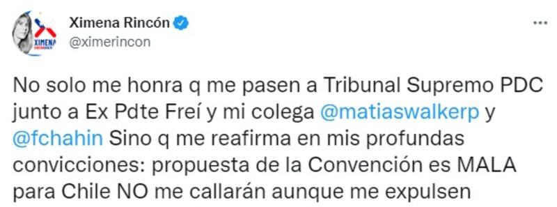 La senadora Ximena Rincón criticó con dureza a los militantes DC que la acusaron ante el Tribunal Supremo.