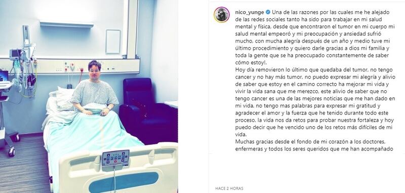 El exchico Yingo publicó este jueves en sus redes sociales respecto del éxito de su tratamiento médico.