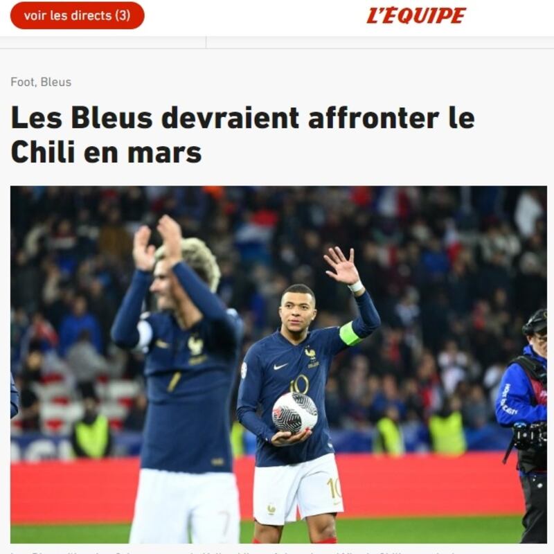 La prensa francesa dio cuenta de la fecha oficial del partido amistoso entre las selecciones de Francia y Chile.