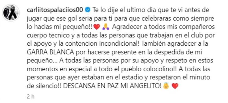 Carlos Palacios publicó el sentido mensaje este lunes en sus redes sociales.