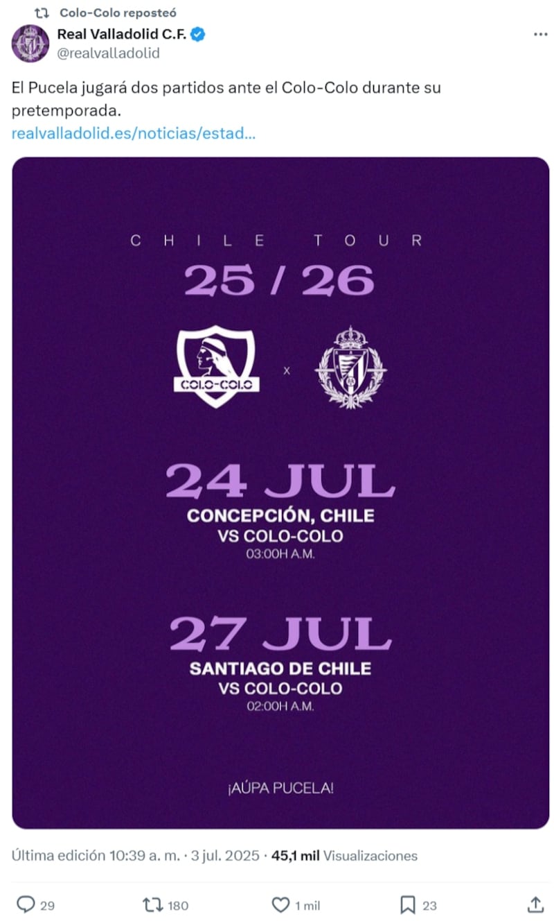 El Cacique reposteó en sus plataformas oficiales la publicación del club español confirmando las fechas de los dos partidos amistosos que jugará por la conmemoración del Centenario del club albo.