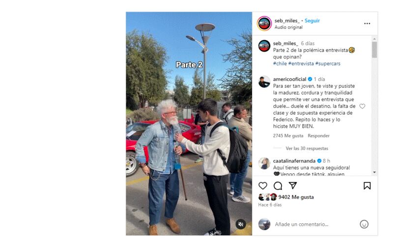 “Duele el desatino, la falta de clase y de supuesta experiencia de Federico”. Con esas palabras el cantante Américo se sumó a las críticas contra el conocido conductor de City Tour, Federico Sánchez, tras burlarse de un joven tiktokero que le preguntó durante una exposición de autos, cuál era su de los vehículos presentes era su modelo favorito.
“Para ser tan joven, te viste y pusiste la madurez, cordura y tranquilidad que permite ver una entrevista que duele”, continuó el cantante, conmovido con la actitud que tuvo el rostro de TVN con el joven quien, a pesar de la negativa de Sánchez, intentó sacar adelante la grabación, sin perder su entusiasmo. 
Producto de ello, Américo lo defendió “a morir”, como dice su canción y lo felicitó por su templanza.
 “Repito: lo haces y lo hiciste MUY BIEN”, le escribió en su cuenta de Intagram @seb_miles_ 
El enojo de Federico Sánchez
“Estamos preguntando a la gente cuál es el mejor auto del evento, estamos acá con…”, “no tengo idea, perdí la memoria, huevón”, responde Sánchez. Cuando finalmente pudo hacer la pregunta, Federico indicó que se había acabado el tiempo.
En un segundo intento, otra toma, le formuló nuevamente la pregunta, pero el rostro televisivo otra vez se hizo de rogar antes que contestar: “soy muy malo para los rankings, no sé hacerlos, o sino me había dedicado a la ingeniería comercial, no tengo respuesta”.
“Tení que hacer otro tipo de preguntas, si usted hace preguntas fomes y pencas las respuestas van a ser fomes. Esta entrevista no va a resultar, lamentablemente. Lleguemos hasta aquí y el resto lo tienen que averiguar la gente, hasta aquí llegamos”, exclama, para luego dejarlo hablando solo.
Mediante las redes sociales, Federico Sánchez fue seriamente criticado. Los usuarios, en cambio, valoraron la actitud del joven, quien nunca abandonó su sonrisa y buena disposición, pese a todo. “El Federico Sánchez siempre ha sido así po’. Nunca fue conocido por ser simpático”, “La arrogancia en persona”, “ooh el huevón desgraciado, no cachaba esta faceta tan antipática”, “Yo no le pediré jamás a un joven que se desenvuelva como un experto, trato de empatizar y de ayudar siempre”, “Se corrige en privado” y “Nunca me cayó bien, qué ser humano más petulante y desagradable”, son sólo algunos de los comentarios al video.