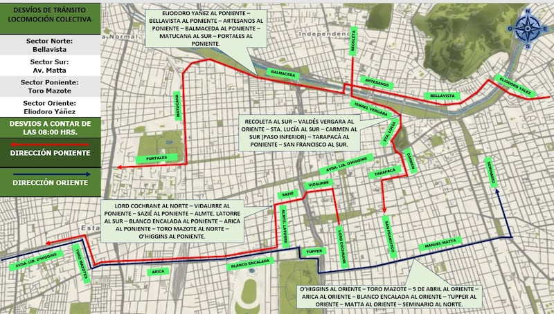 Desvíos de tránsito en eje Alameda por marcha Día del Trabajador en el centro de Santiago | Fuente: Transporte Informa