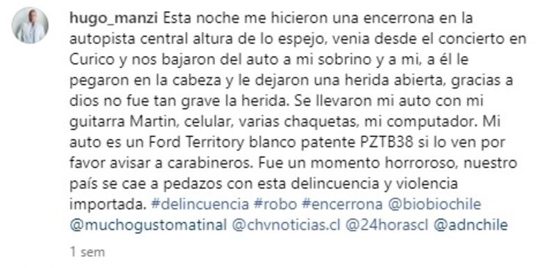 El guitarrista de la banda "Natalino" reveló que aún sigue sin recuperar las pertenencias robadas en la encerrona que le hicieron hace poco menos de dos semanas.
