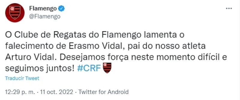 Flamengo tuiteó por la muerte del padre de Arturo Vidal y lo liberó de viajar a Chile para el funeral de su padre en la previa al final de la Copa Brasil. El futbolista, de todos modos, habría decidido jugar el partido y viajar posteriormente al país.