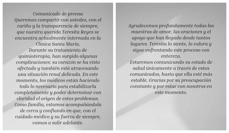 Los familiares de la actriz dieron cuenta de su reciente ingreso a la clínica debido a complicaciones cardiacas y renales como consecuencia de su tratamiento contra el cáncer.