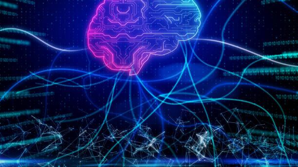 Glowing digital brain on abstract binary code background. Artificial intelligence and software concept. 3D Rendering