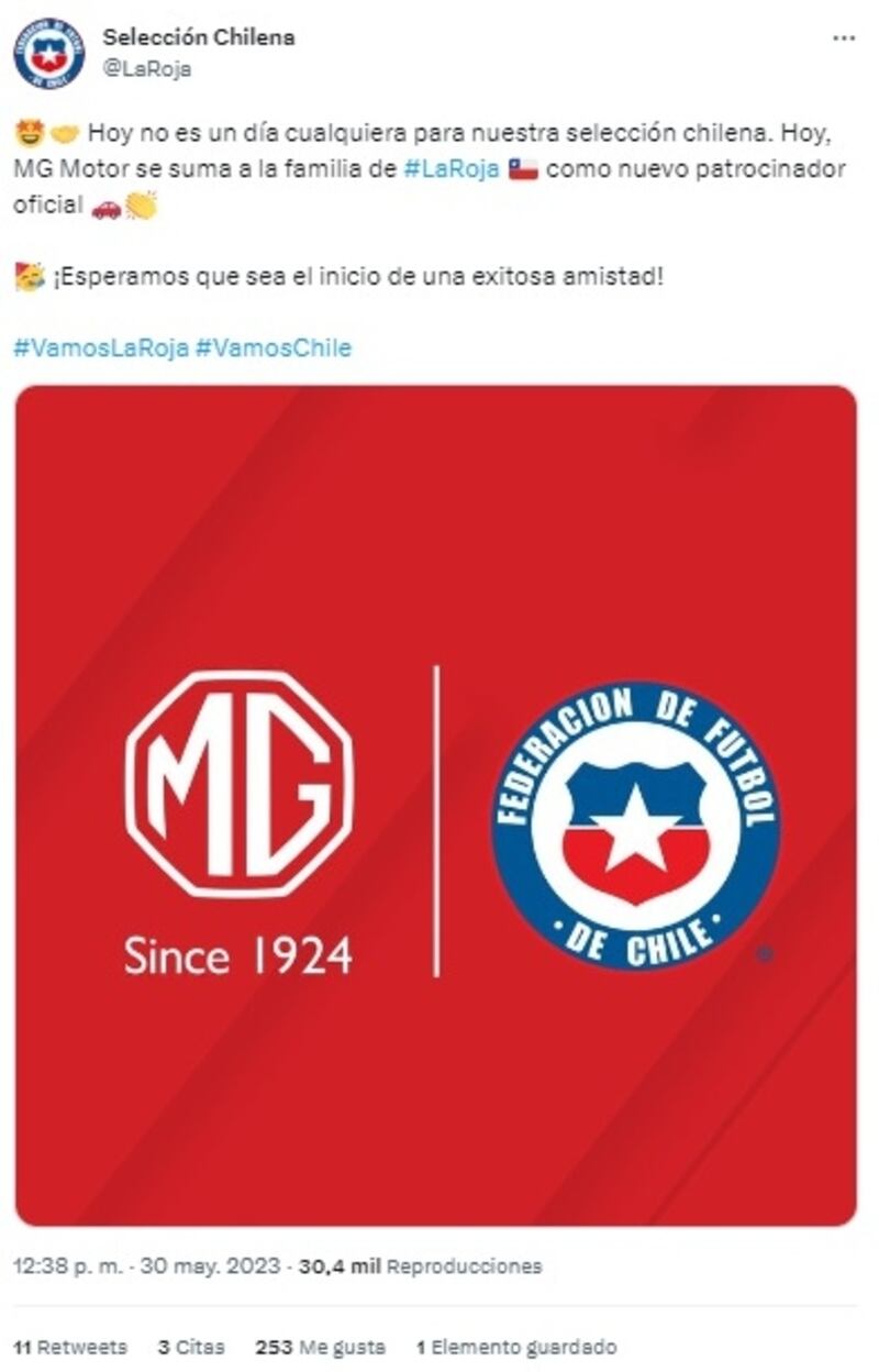 La ANFP confirmó el millonario acuerdo con la marca MG para ser sponsor de todas las categorías de la selección chilena hasta 2026.
