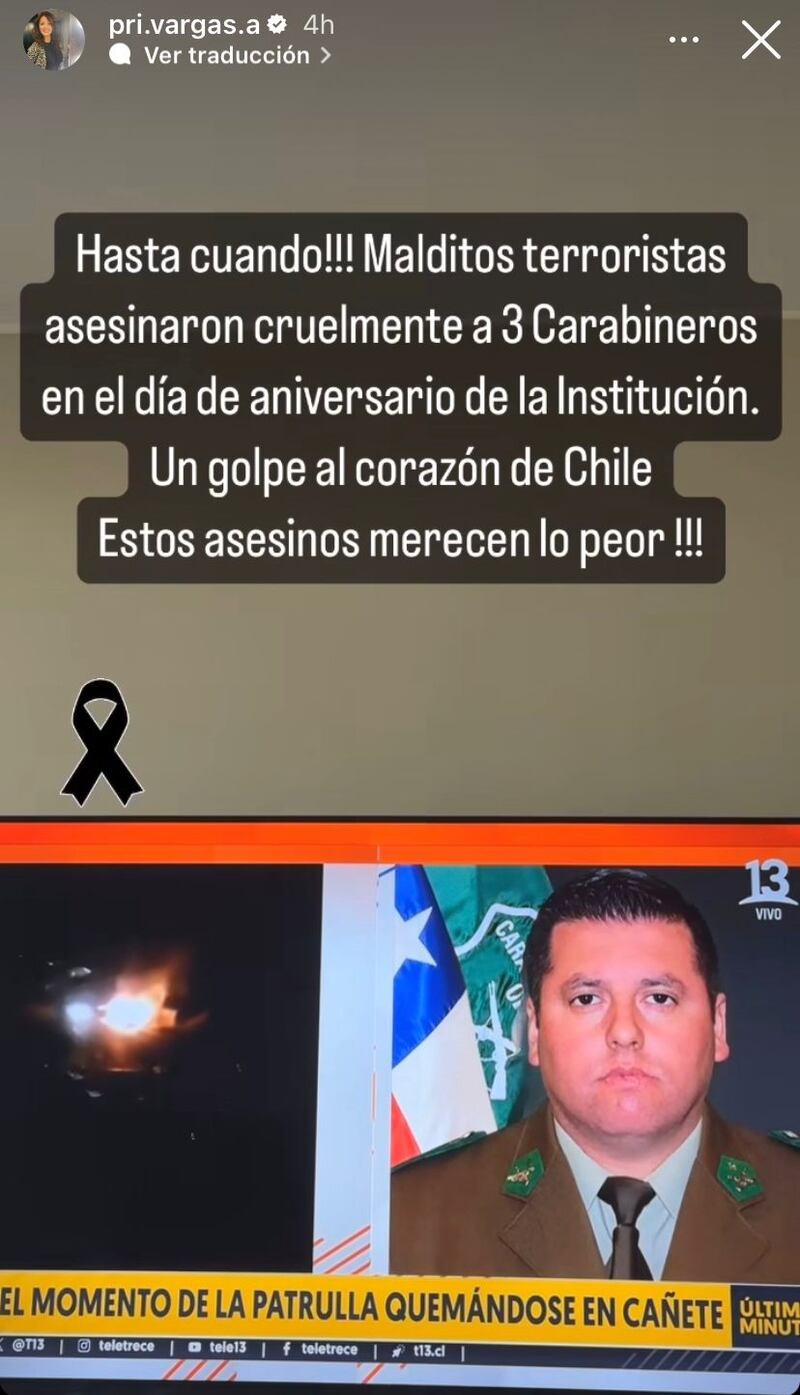 Priscilla Vargas condenó triple homicidio de Carabineros. Vía Instagram