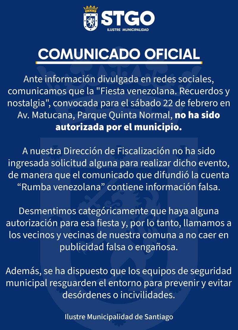 La autoridad comunal desmintió haber autorizado la fiesta en la Quinta Normal.