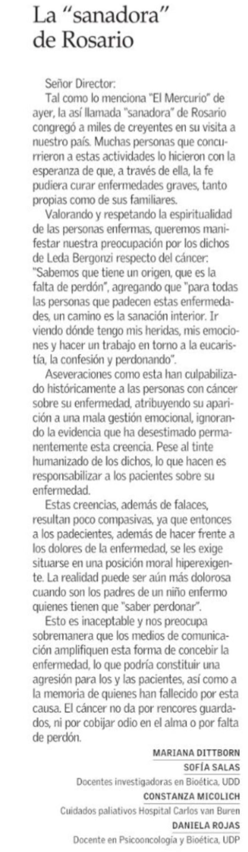 Carta de académicas en El Mercurio contra la sanadora
