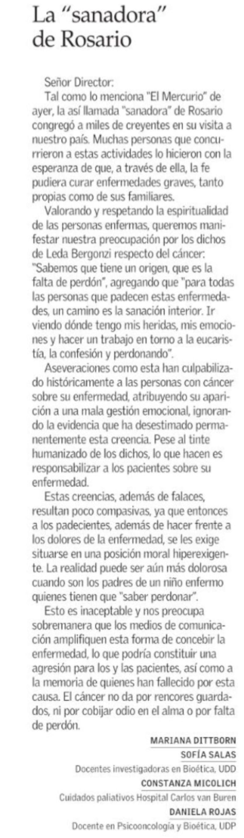 Carta de académicas en El Mercurio contra la sanadora