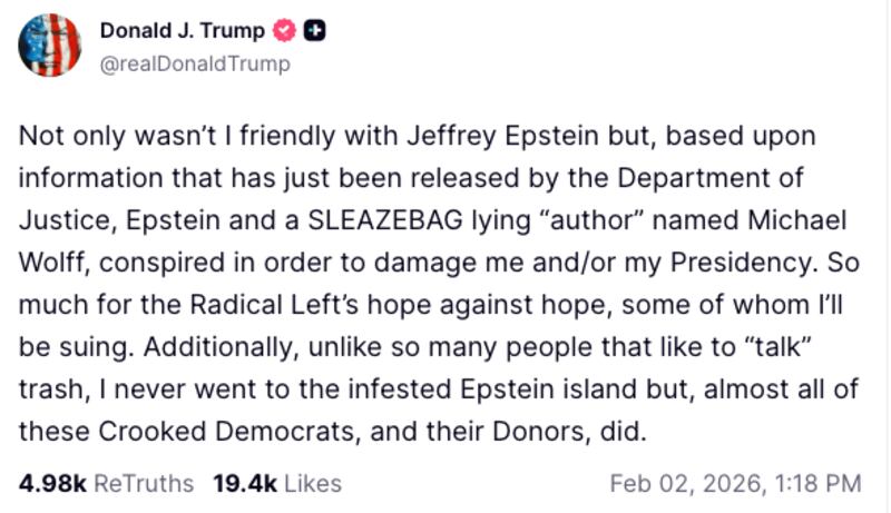Trump dice que Jeffrey Epstein y Michael Wolff “conspiraron para dañarlo” tras la última filtración de documentos