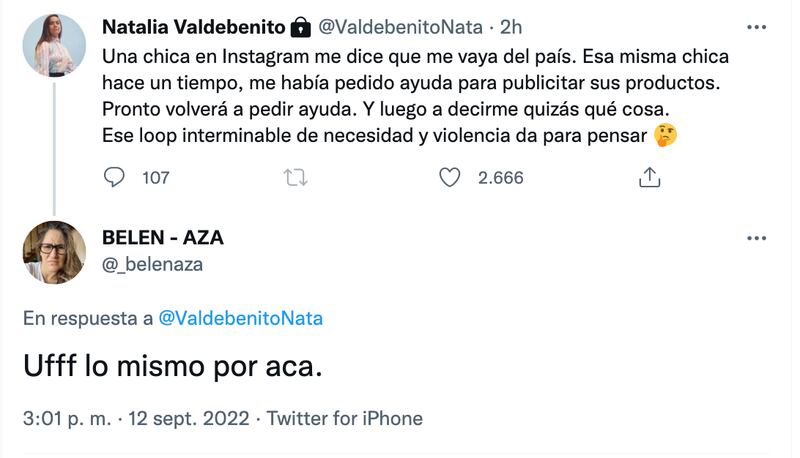 Tuit de Natalia Valdebenito por mujer en Instagram