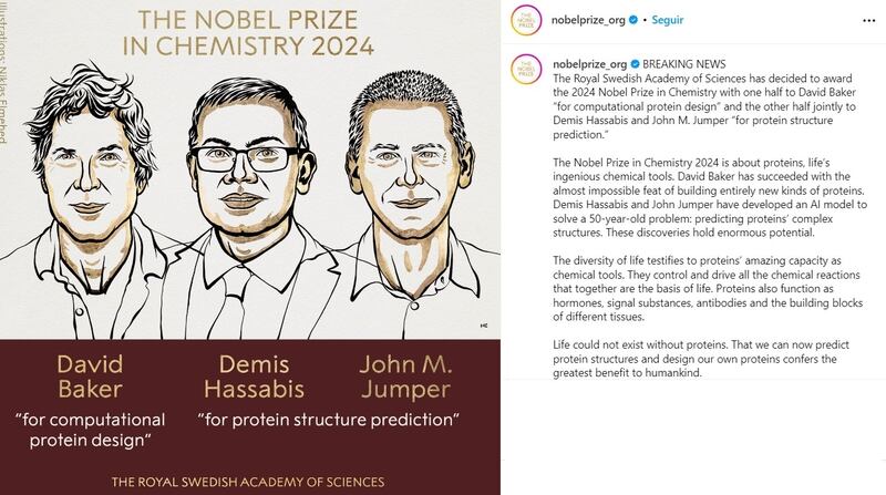 El Premio Nobel de Química 2024 fue para los científicos David Baker, Demis Hassabis y John M. Jumper.