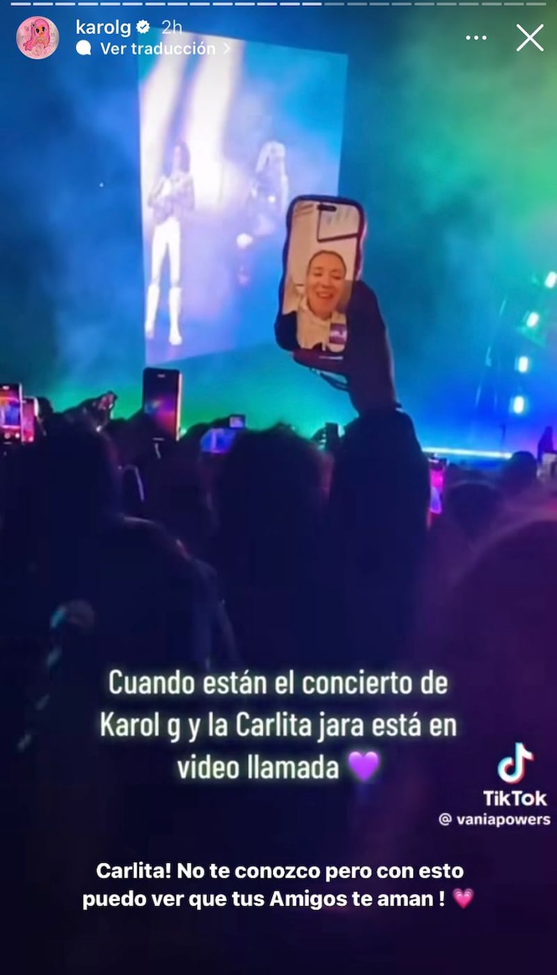 Karol G envió mensaje a Carla Jara. Captura de Instagram