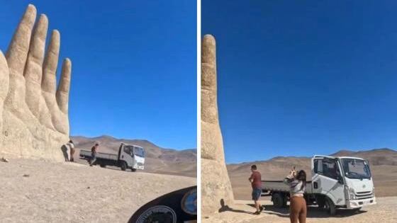 “No sé si esto sea cultural acá”: Turista extranjero grabó a pareja rayando La Mano del Desierto y desatan furia en redes