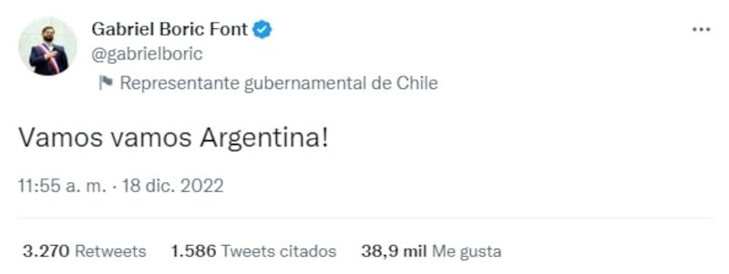 El Presidente de Chile estuvo pendiente de la final del Mundial de Qatar y en sus redes sociales alentó a la selección de Argentina.