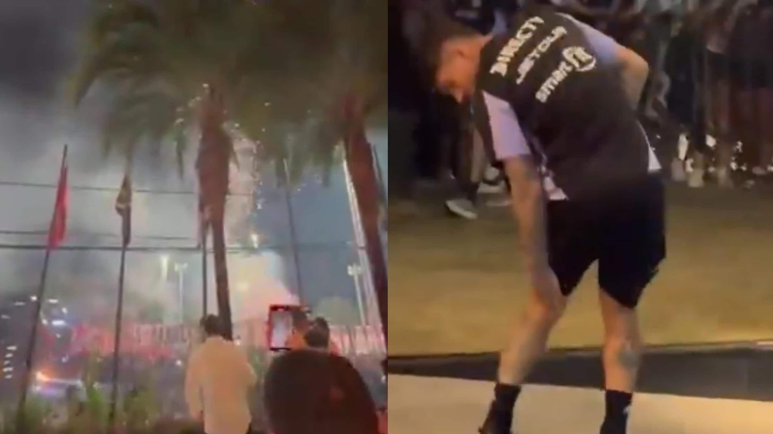 Hinchas de Colo Colo lanzando fuegos artificiales a las afueras del hotel de concentración en Brasil