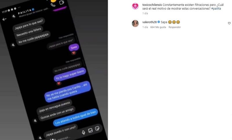 La filtración realizada por la escort, de su diálogo con Pailita, fue criticada por Valentina Roth.