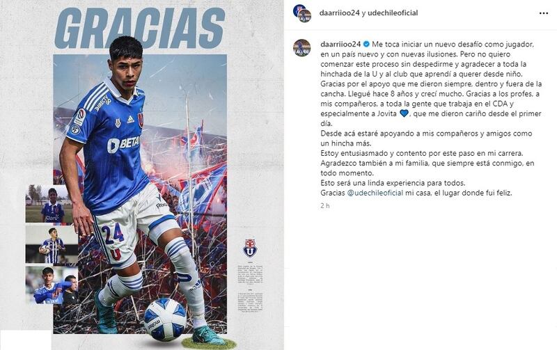 El futbolista se despidió de los hinchas de Universidad de Chile a través de las redes sociales momentos antes de ser presentado en su nuevo club.