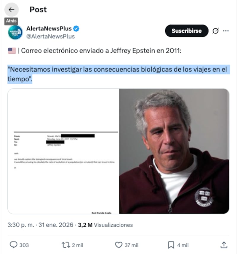 Supuesto mail sobre viajes en el tiempo de Jeffrey Epstein.