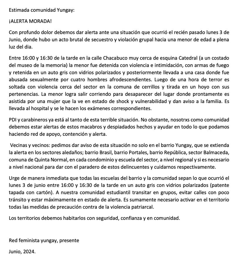 La agrupación feminista indicó que el caso ya está siendo investigado por efectivos policiales de la PDI.