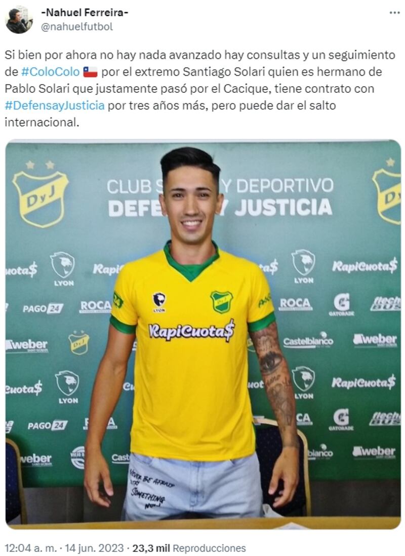 El extremo de Defensa y Justicia podría seguir los pasos de su hermano, Pablo Solari, quien jugó dos temporadas en Colo Colo.