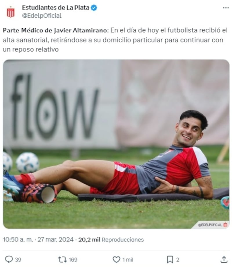 El club platense confirmó en sus plataformas digitales el alta médica del delantero chileno.