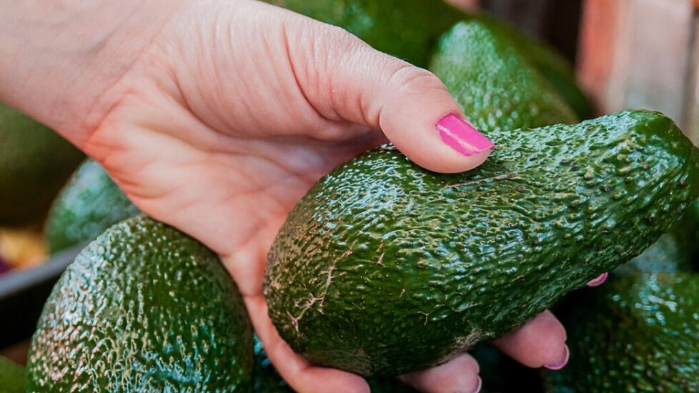 Imagen recortada de un cliente que elija los aguacates en el supermercado. Cerca de la mano de la mujer la celebración de aguacate en el mercado. Venta, compras, comida, consumismo y concepto de la gente