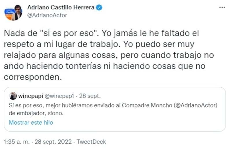 El actor respondió en sus redes sociales por comparación con el actual embajador chileno en España.