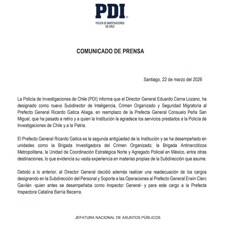 Comunicado de la PDI