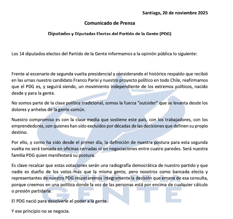 El comunicado del PDG subraya que su movimiento seguirá siendo outsider y que rechazará negociaciones privadas para definir apoyos electorales.