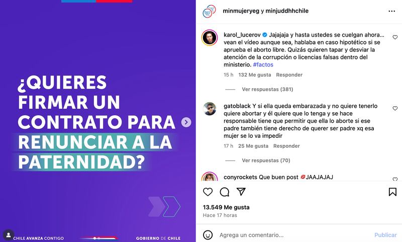 Comentario de Karol Lucero | Captura: Instagram @minmujeryeg