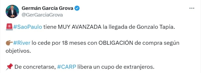 El delantero chileno dejaría River Plate para jugar por 18 meses en el club paulista.