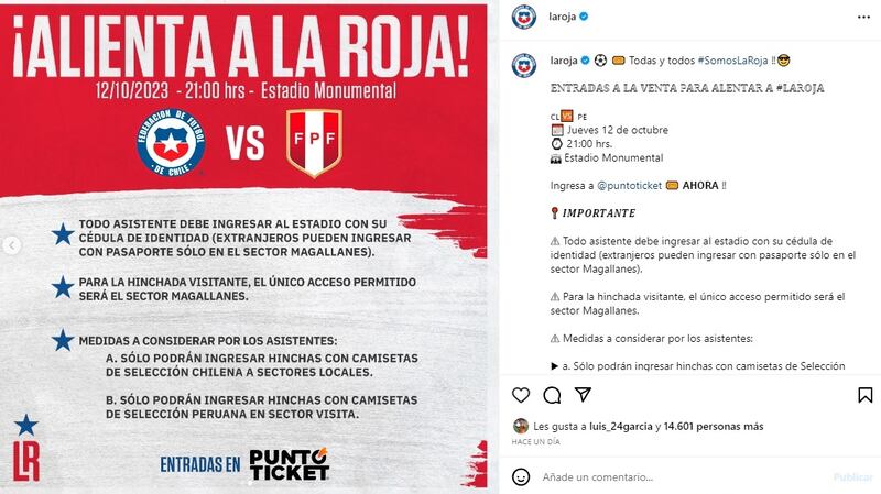 Los hinchas peruanos tendrán un lugar exclusivo en el estadio Monumental para el duelo entre la Roja y la selección incaica.