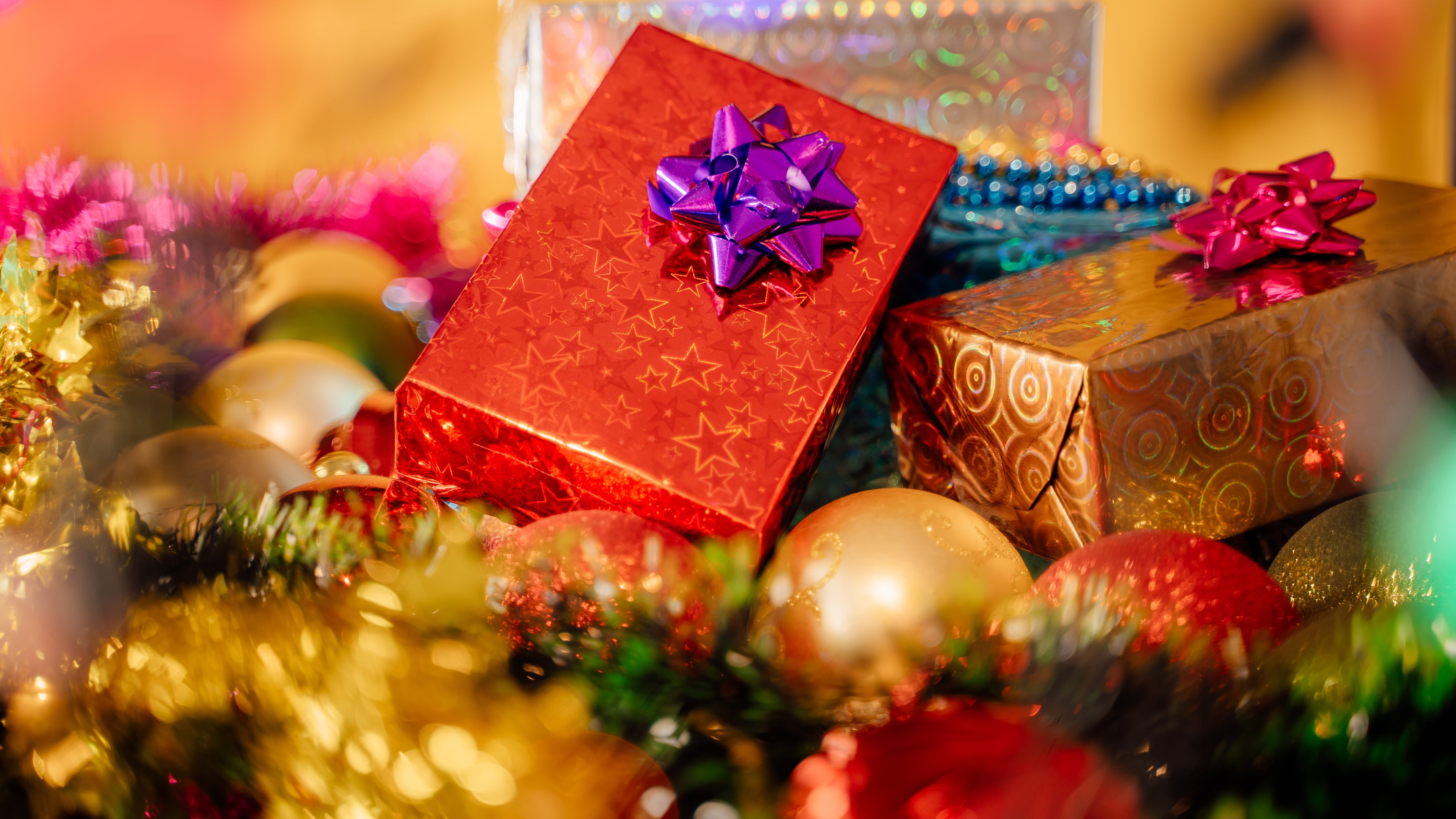 Merry christmas concepts with decorate gift box present and ornament element on christmas decoration background. christmas balls